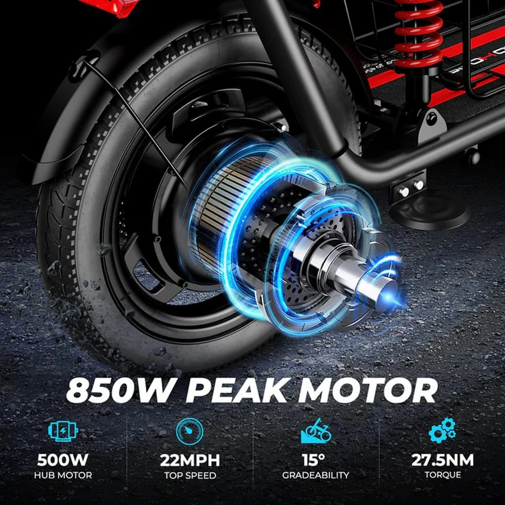 Close-up of a motorcycle wheel with an 850W peak motor and technical specifications displayed.