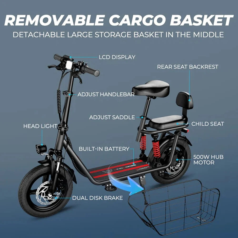 Electric scooter with features highlighted on a blue background