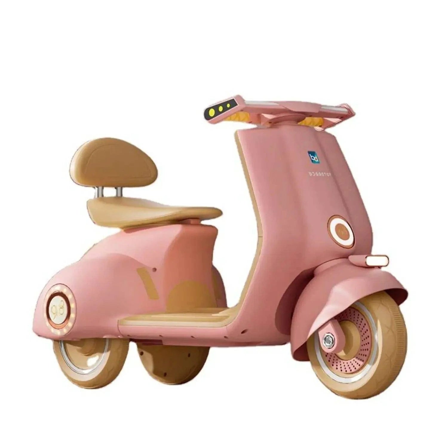 Pink children's scooter with brown seat on a white background