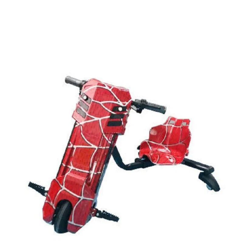 Red and black scooter with spider web design on a white background