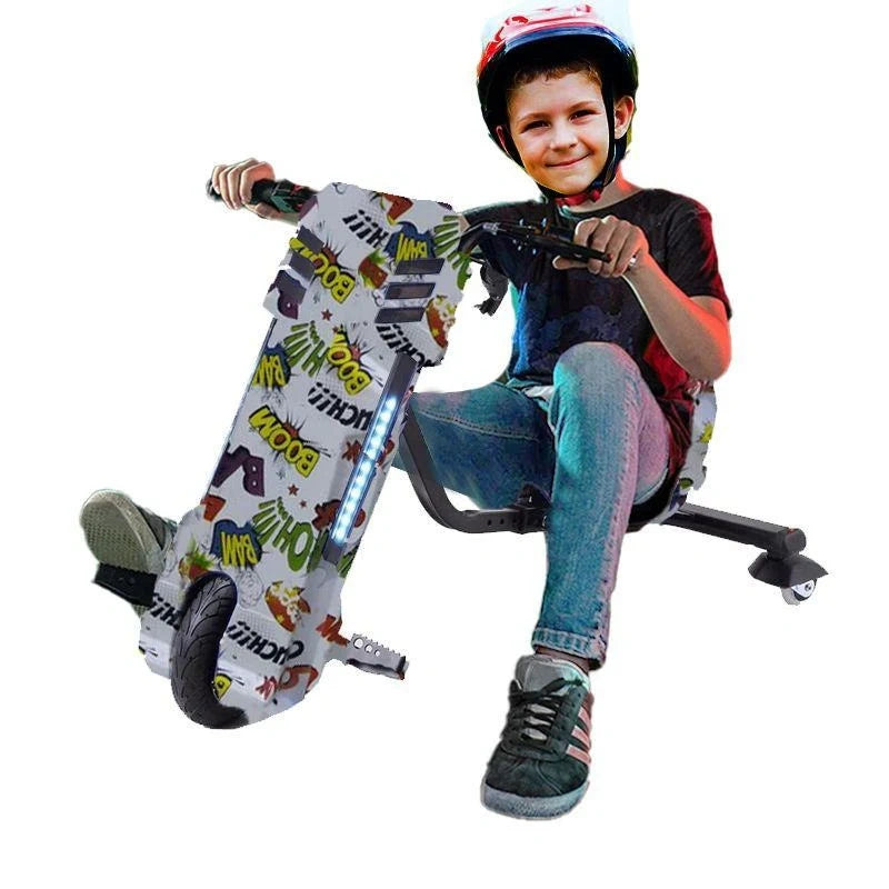 Child riding a scooter with a helmet on a white background