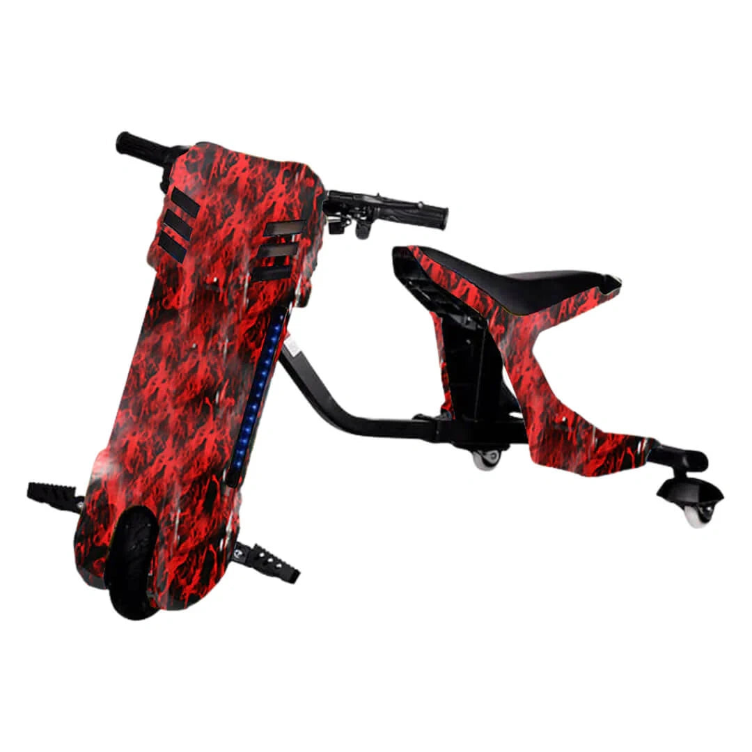 Red and black scooter with flame pattern on a white background
