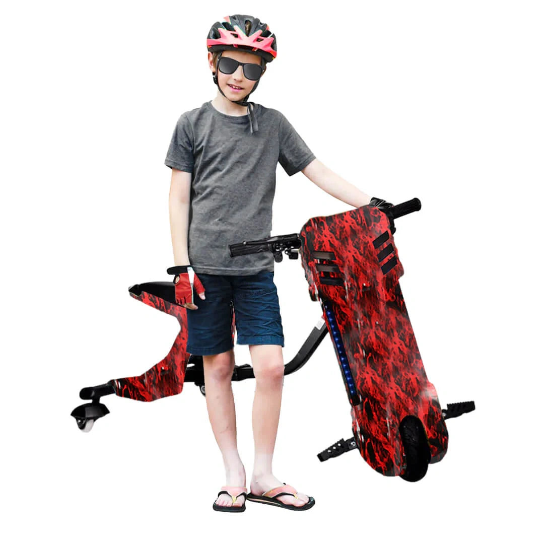Child with a red and black scooter on a white background