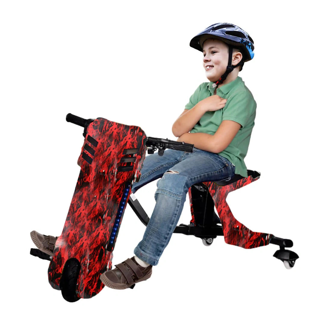 Child riding a red and black scooter with a white background