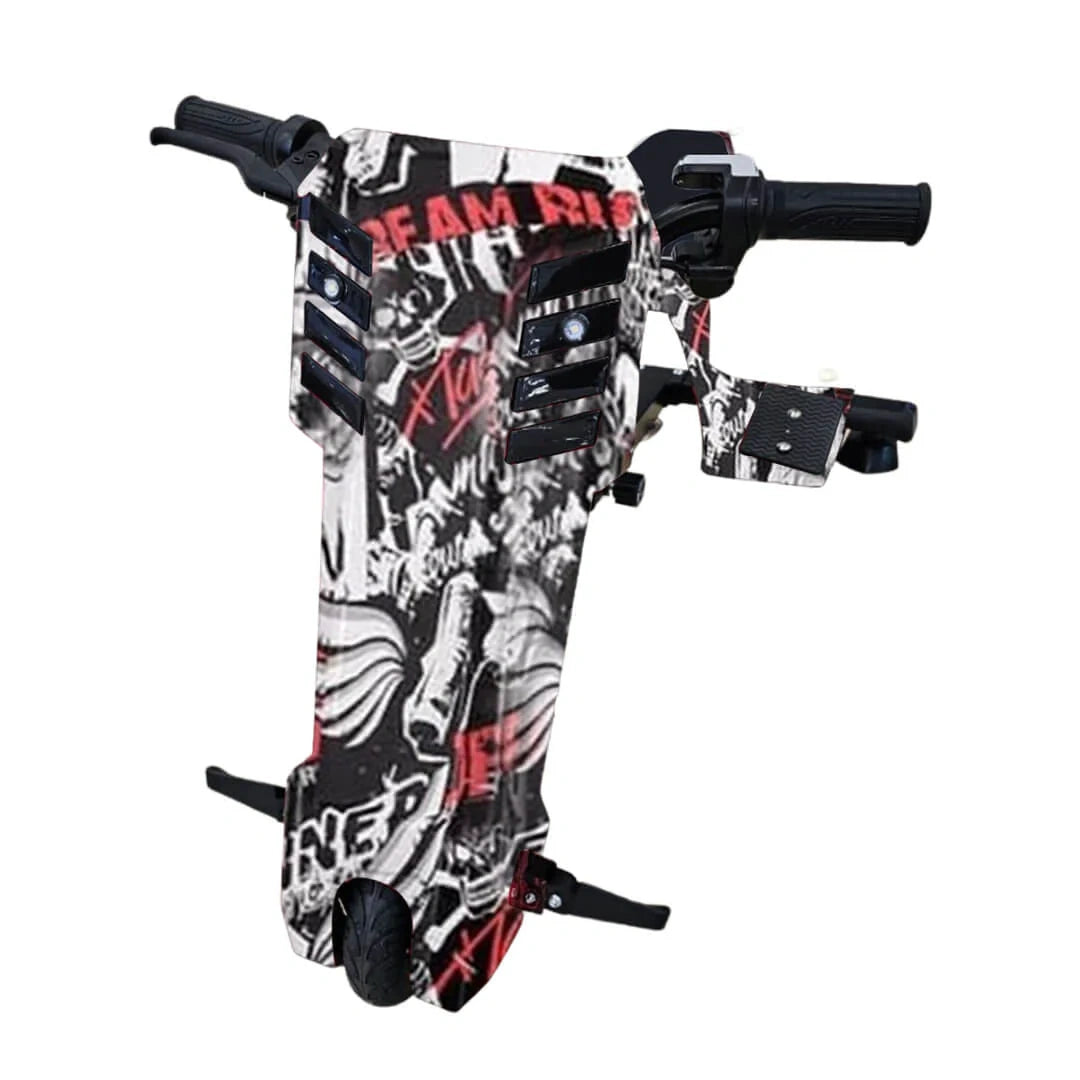 Motorcycle handlebar with custom graphics and branding on a white background