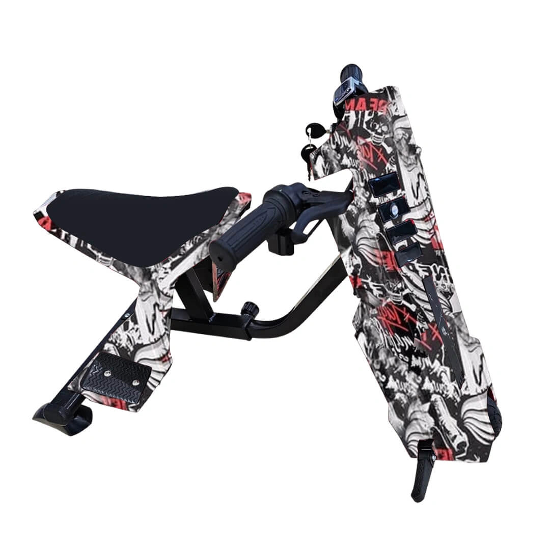 Children's scooter with a black, white, and red pattern on a white background