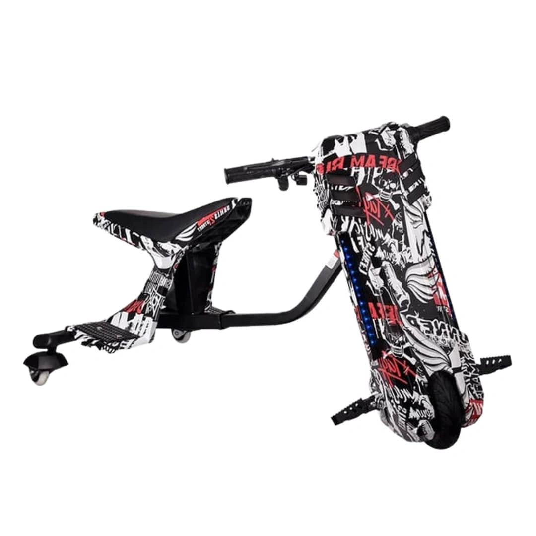 Children's scooter with a black and red pattern on a white background