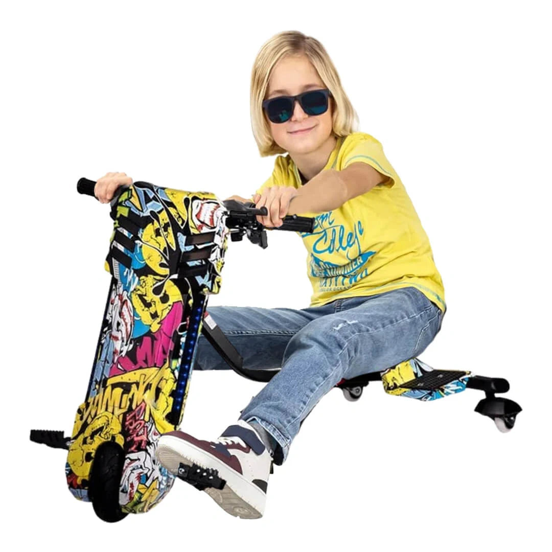 Child sitting on a colorful scooter with a white background