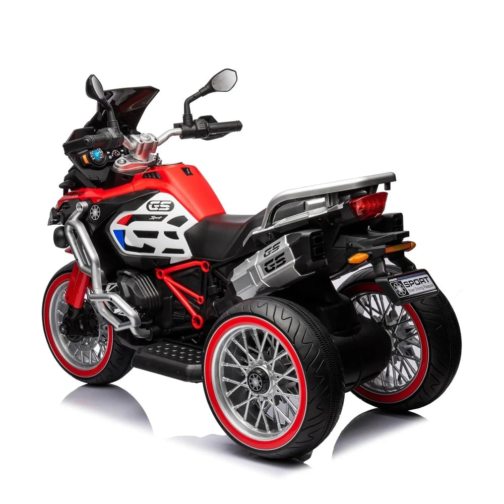 Toy motorcycle with red and black design on a white background