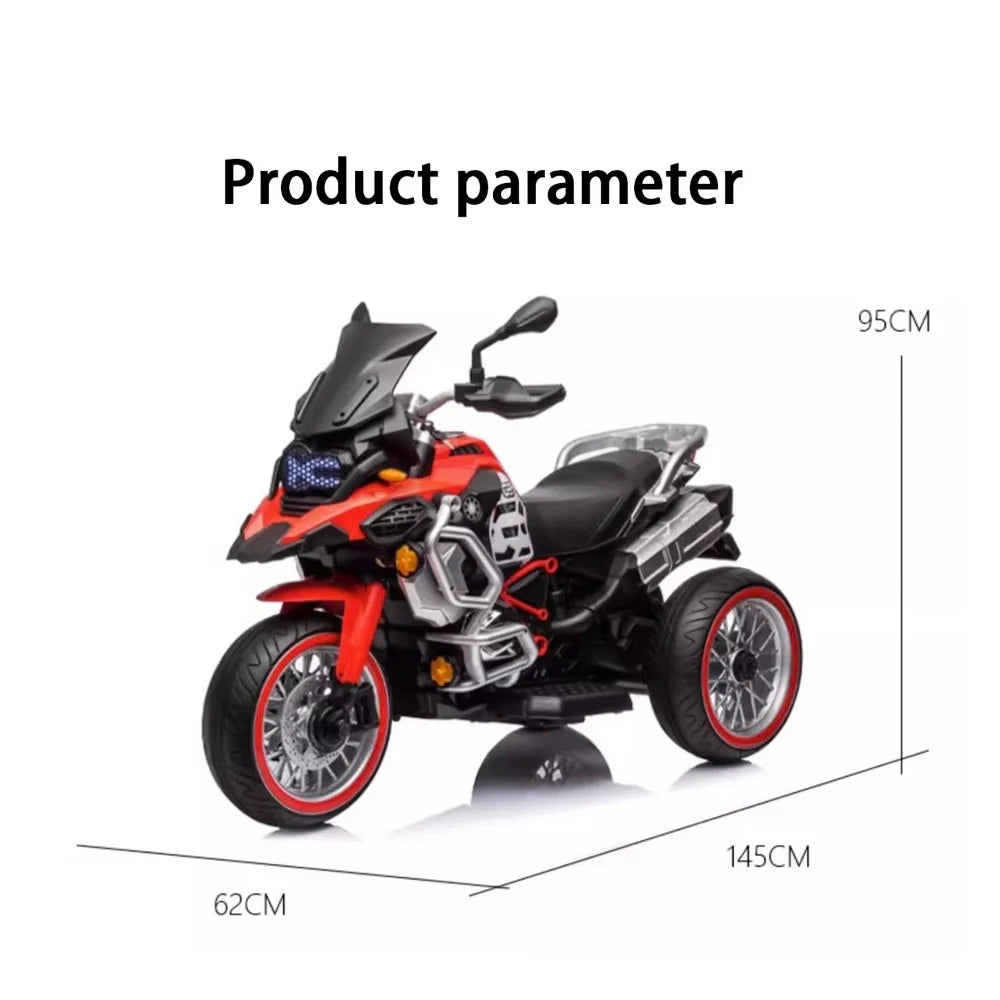 Model of a red and black toy motorcycle with dimensions on a white background