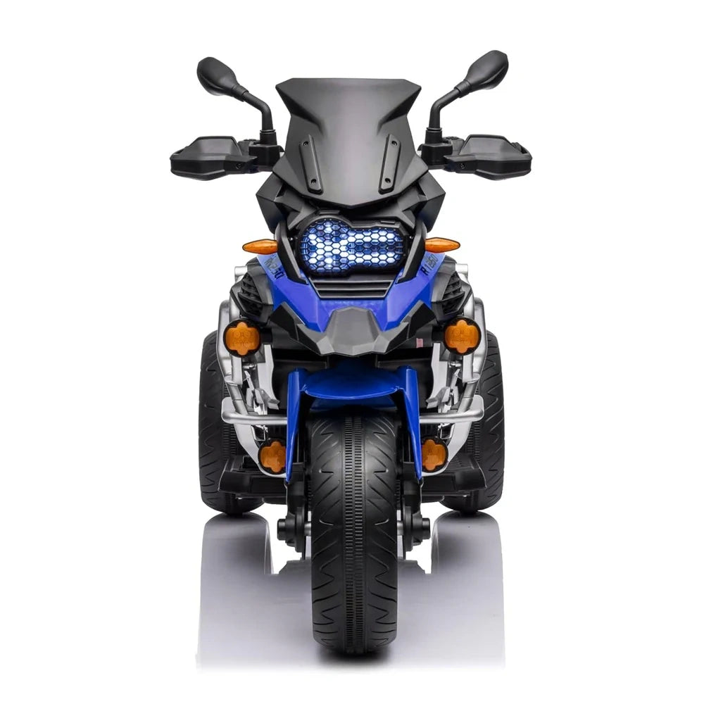 Motorcycle toy with blue and black design on a white background