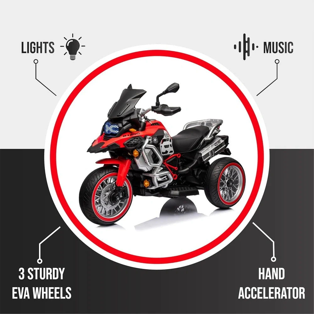 Red and black toy motorcycle with features highlighted on a gray background