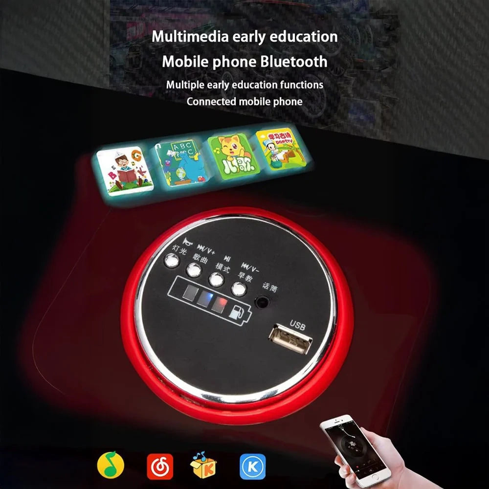 Red educational device with screen and phone connection features on a dark background