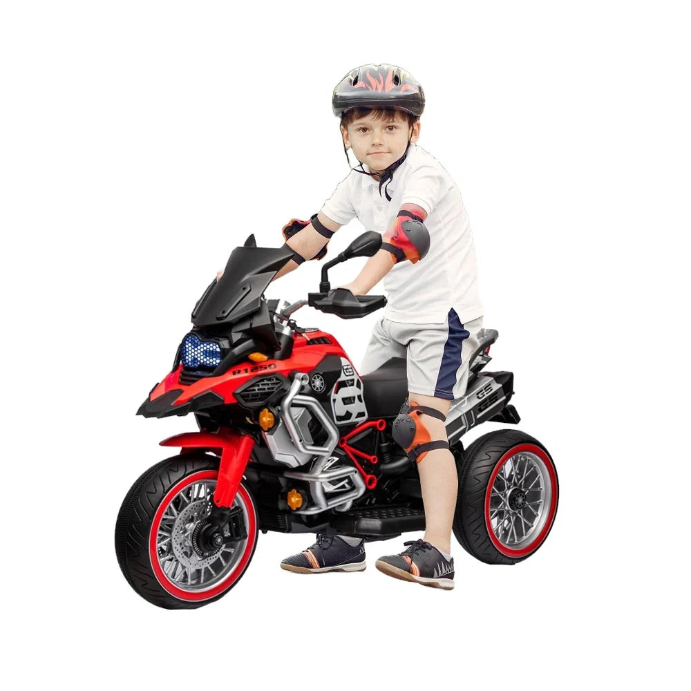 Child riding a toy motorcycle with protective gear on a white background
