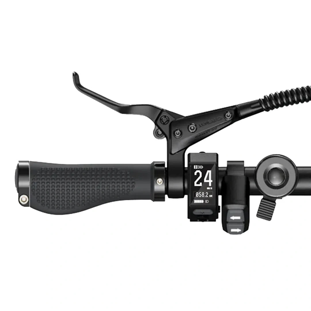 Close-up of a black motorcycle handlebar with digital display on a white background