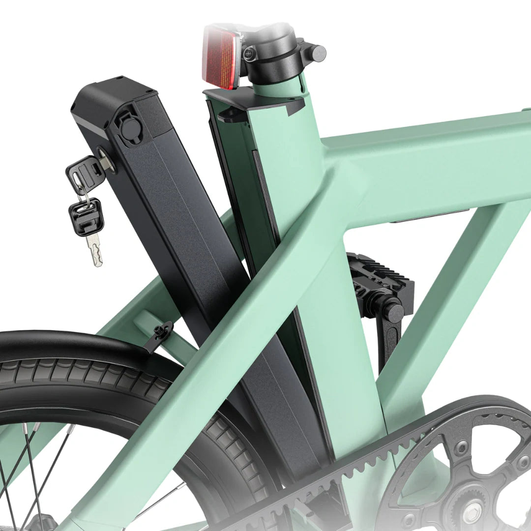 Light blue electric bike with battery pack attached on a white background