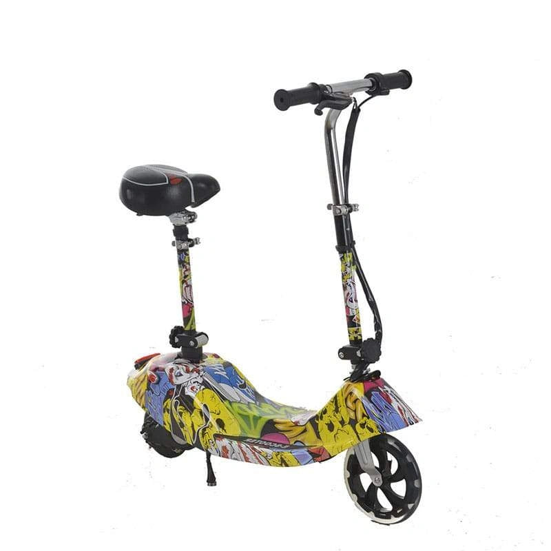 Colorful scooter with graffiti design on a white background
