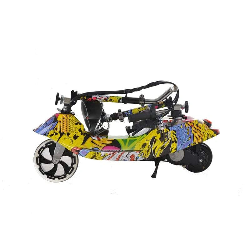 Colorful scooter with graffiti-style design on a white background