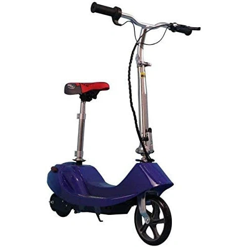 Blue scooter with red seat on a white background
