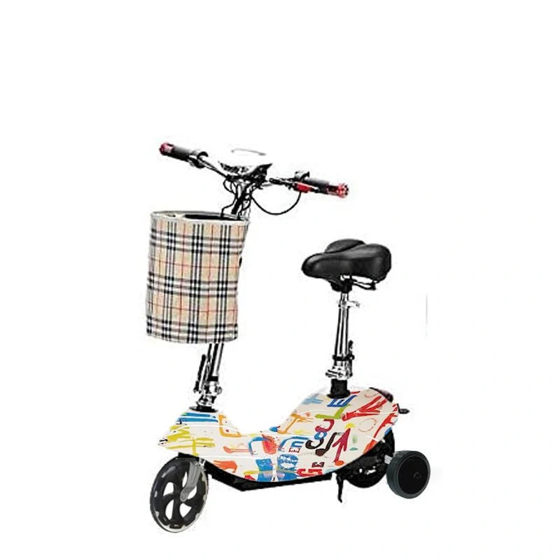 Colorful electric scooter with plaid basket on a white background