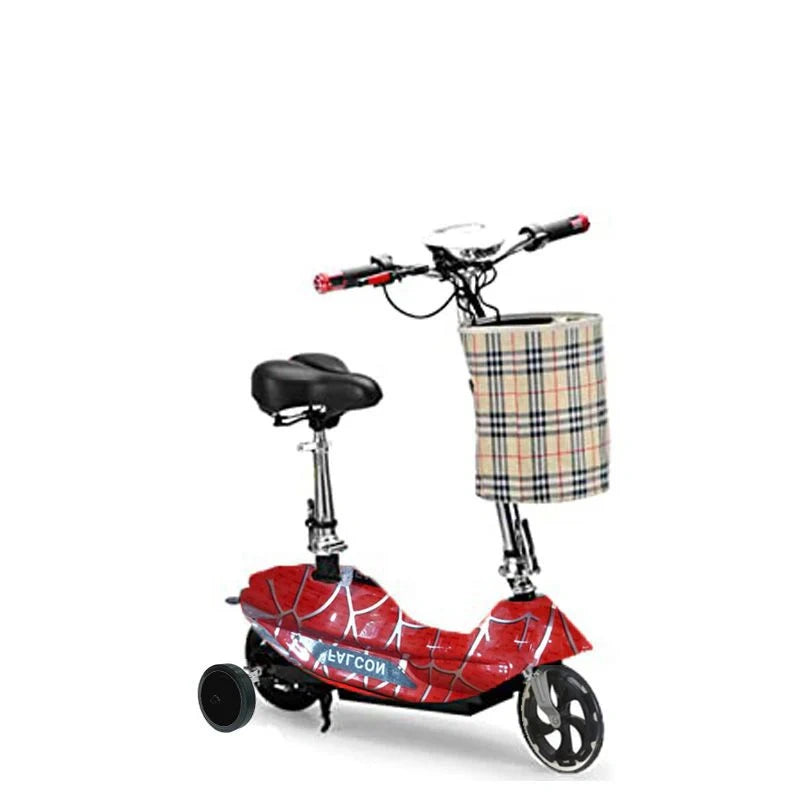 Red scooter with a plaid basket on a white background