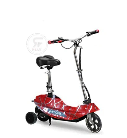 Red and black electric scooter with spider web design on a white background