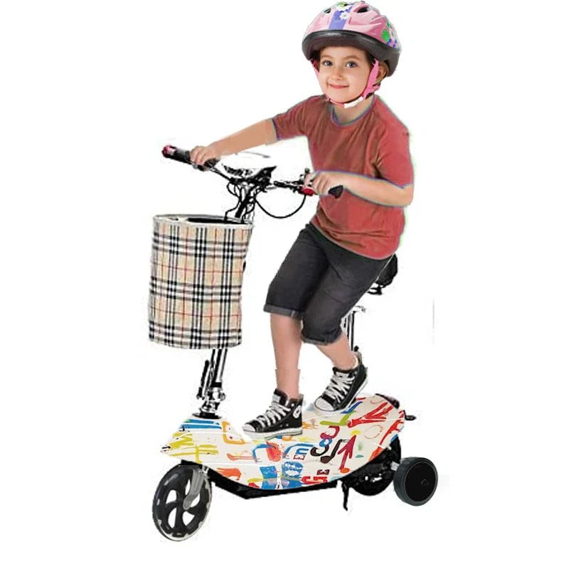 Child riding a scooter with a basket on a white background