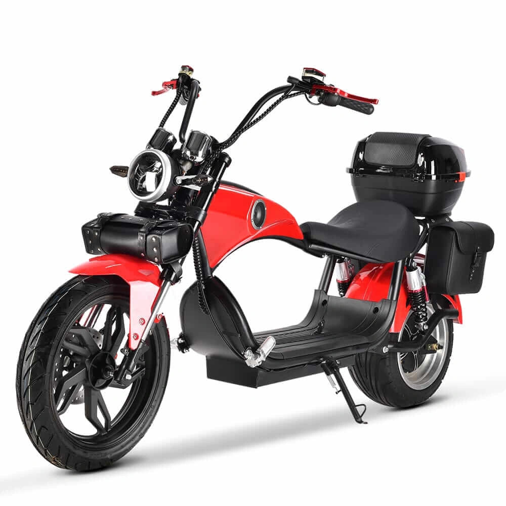 Red and black electric scooter with storage boxes on a white background