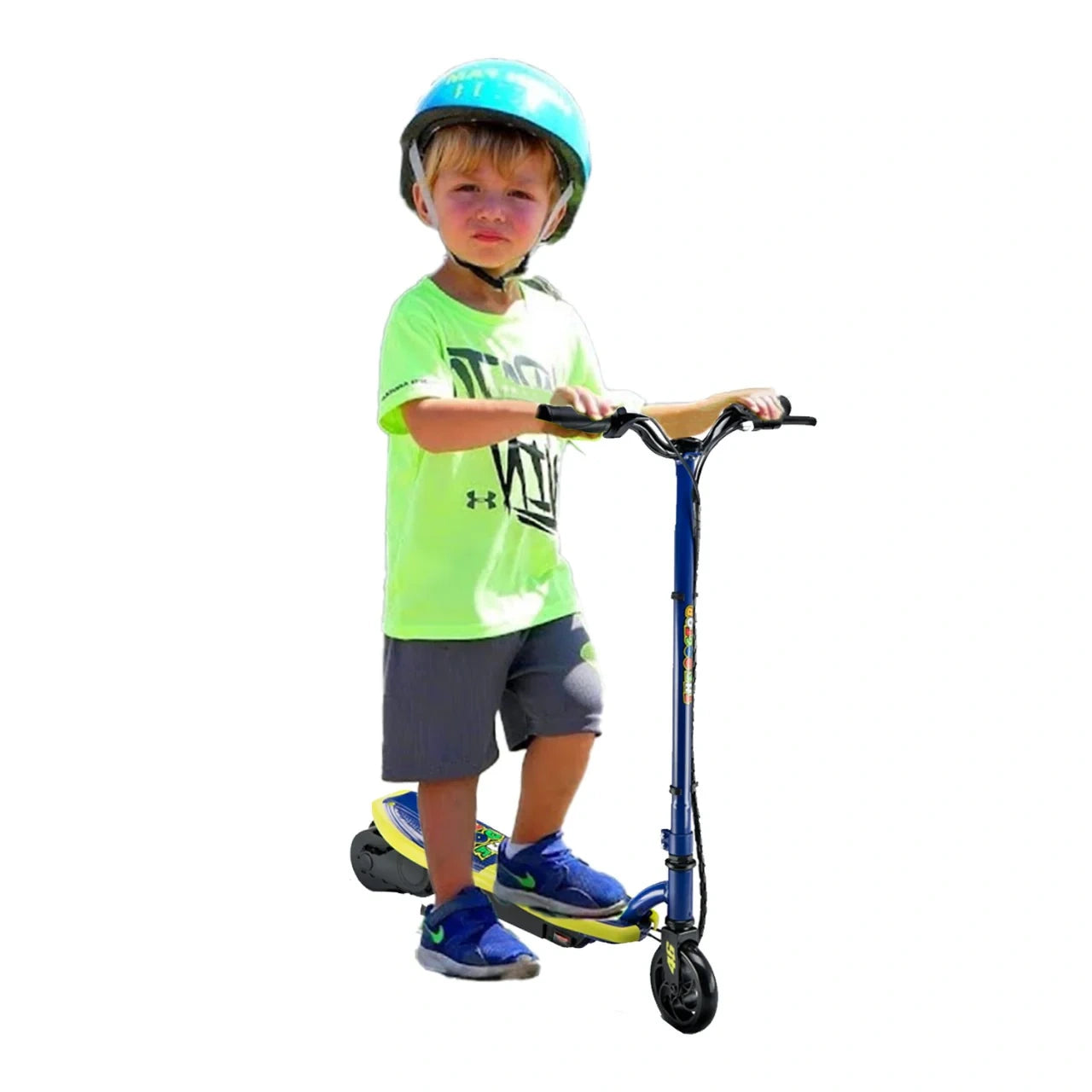Child wearing a helmet and green shirt, standing on a scooter against a white background