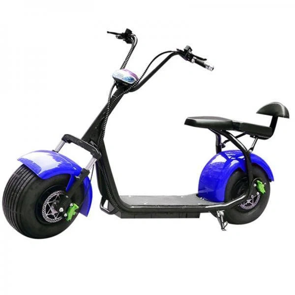 Blue and black electric scooter with large wheels on a white background