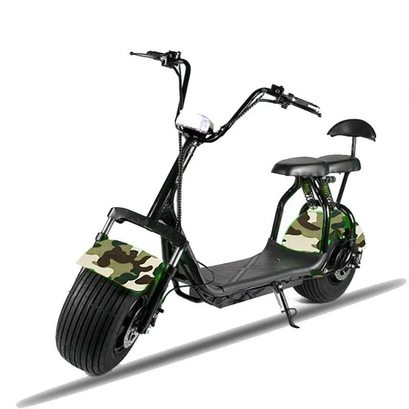 Black electric scooter with camouflage-patterned wheels on a white background