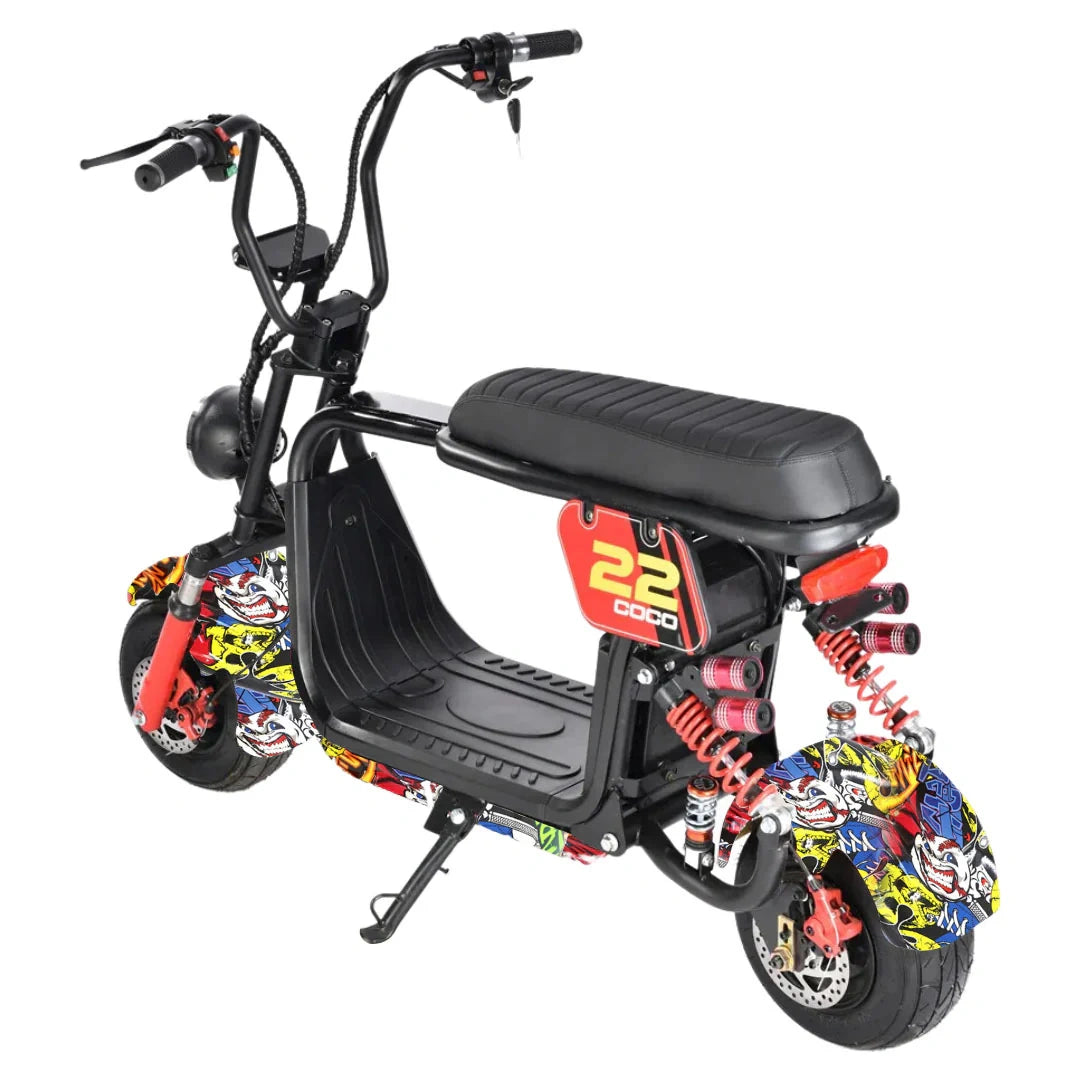 Black electric scooter with colorful design on a white background