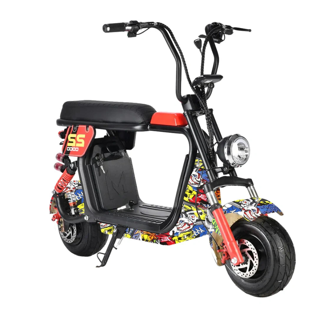 Colorful electric scooter with a cartoon design on a white background