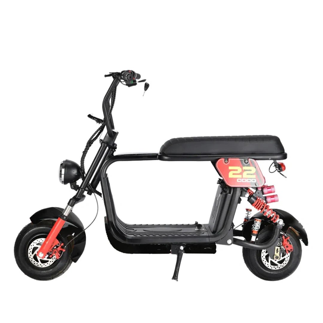 Black electric scooter with red accents on a white background