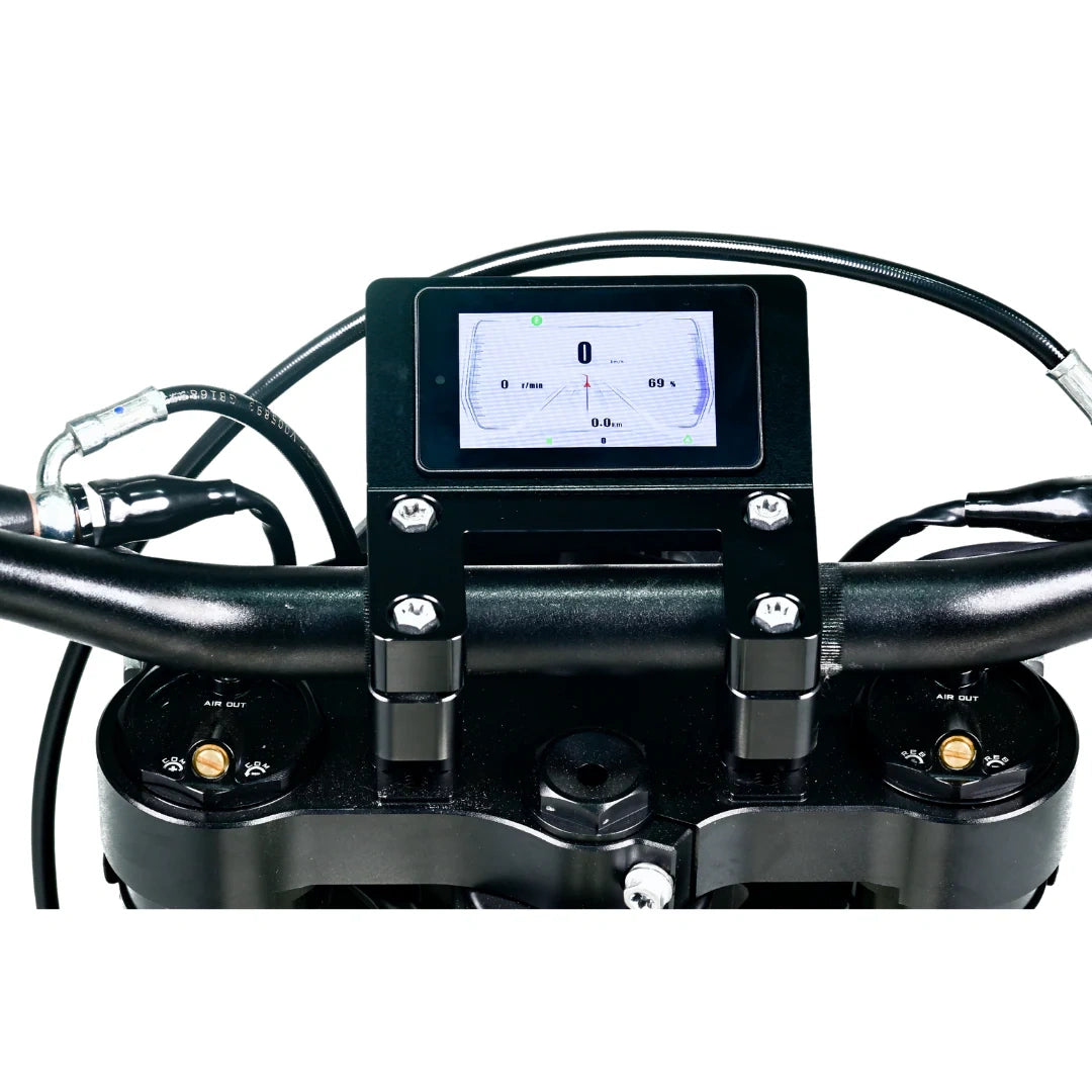 Motorcycle handlebar with digital display and control buttons on a white background