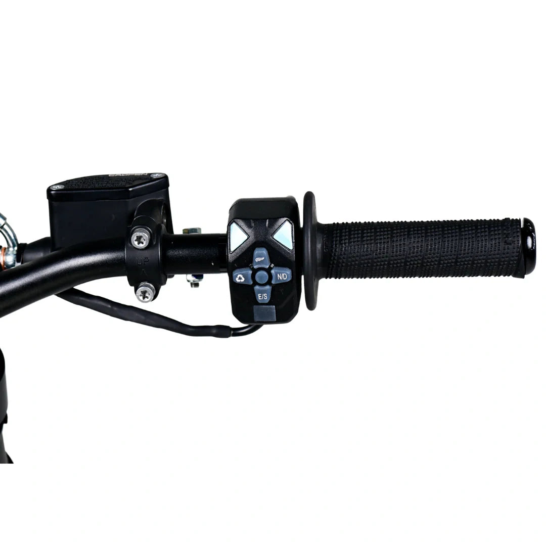Close-up of a motorcycle handlebar with control buttons on a white background