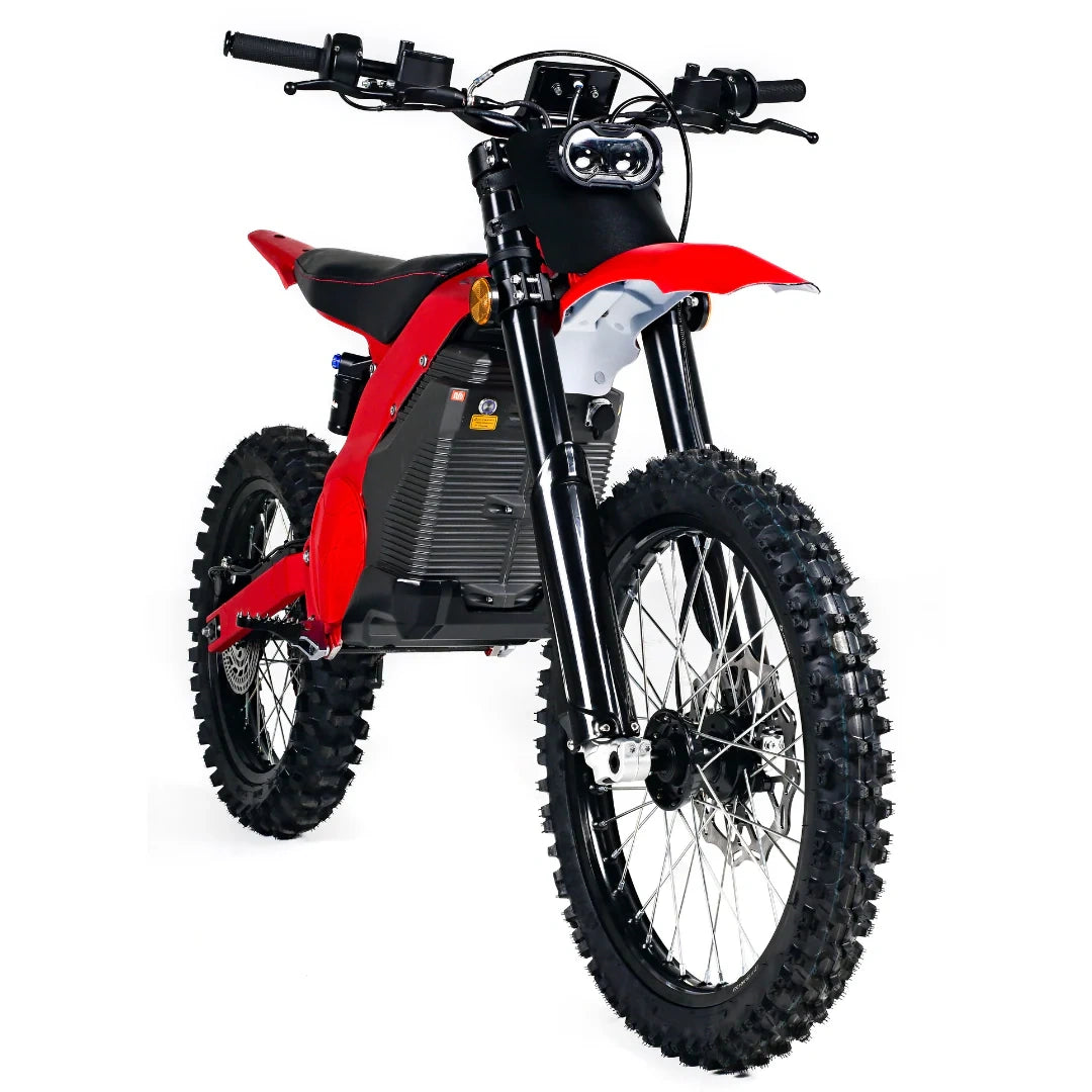 Red and black dirt bike on a white background