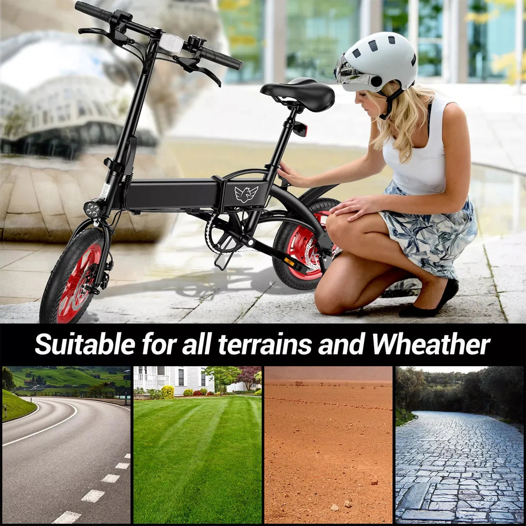 Woman with a helmet interacting with an electric bike, with text 'Suitable for all terrains and weather' and images of different surfaces.