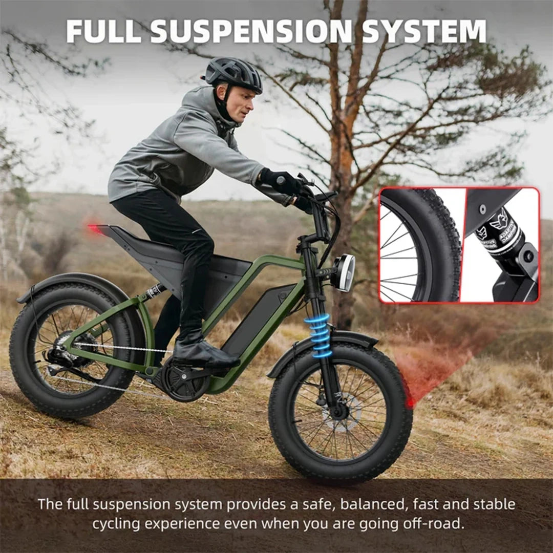 Person riding an electric bike with a full suspension system in a natural setting.