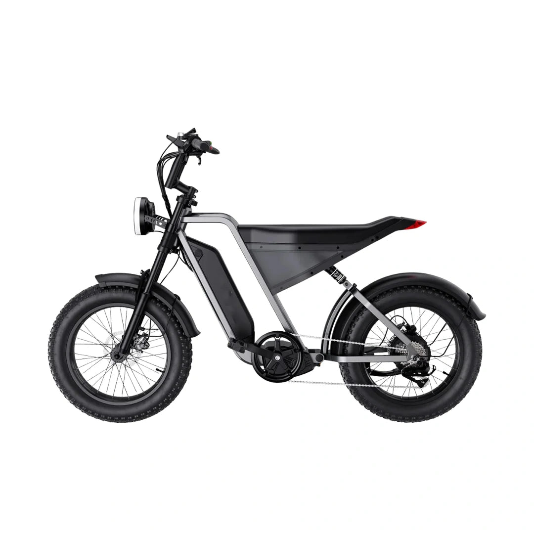 Electric bike with black frame and tires on a white background