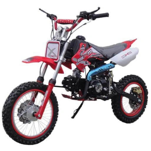 Red and black dirt bike on a white background