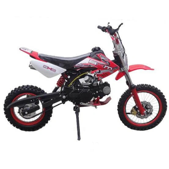 Red and black dirt bike on a white background