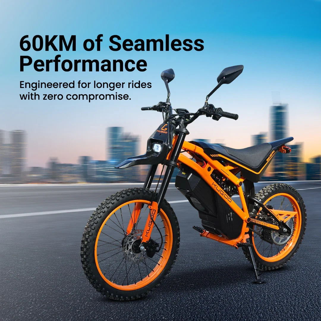 Orange electric bike on a road with a cityscape background and text about performance.