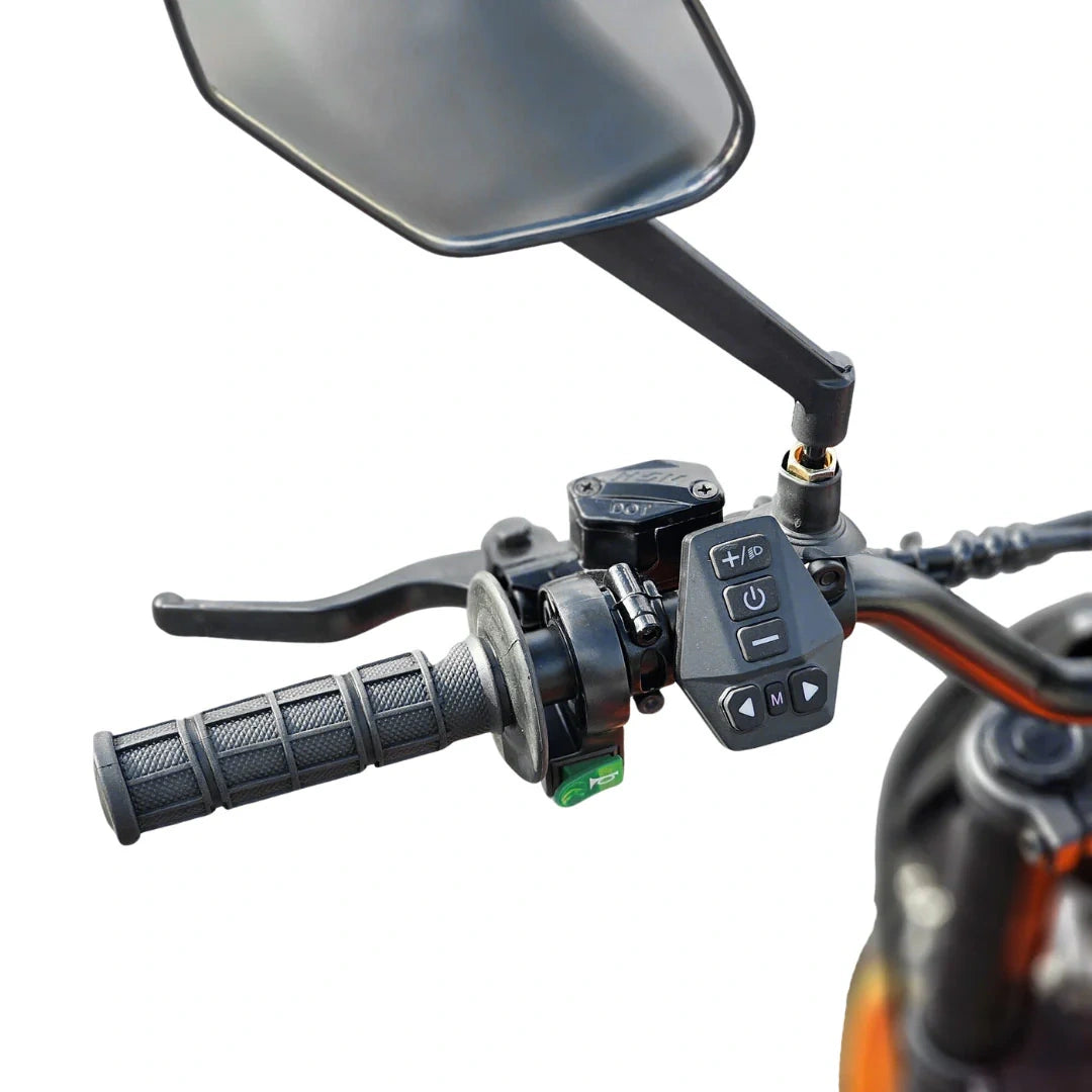 Close-up of a motorcycle handlebar with controls and mirror on a white background