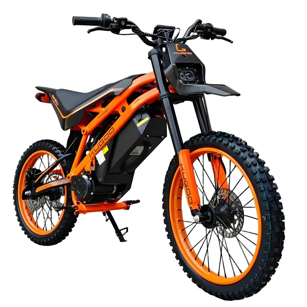 Orange electric bike with black accents on a white background