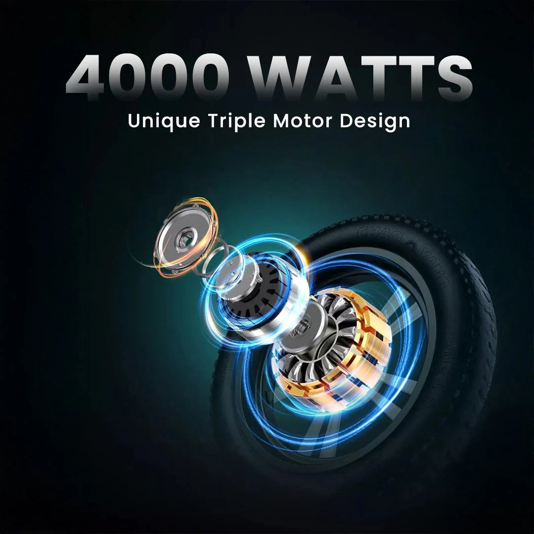 Motor design with '4000 Watts' and 'Unique Triple Motor Design' text on a dark background