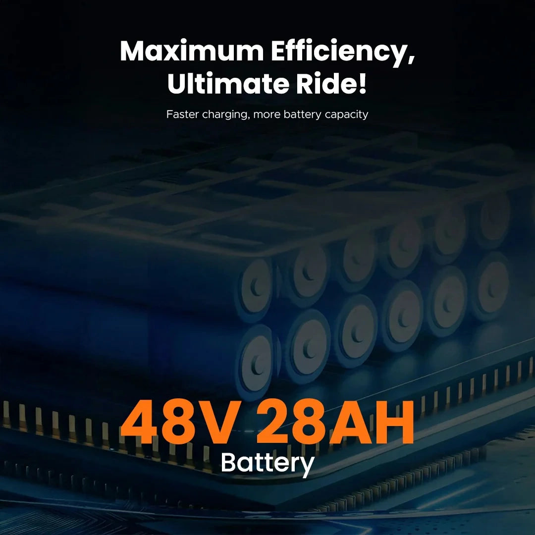 Stack of batteries with text highlighting maximum efficiency and battery specifications on a dark background