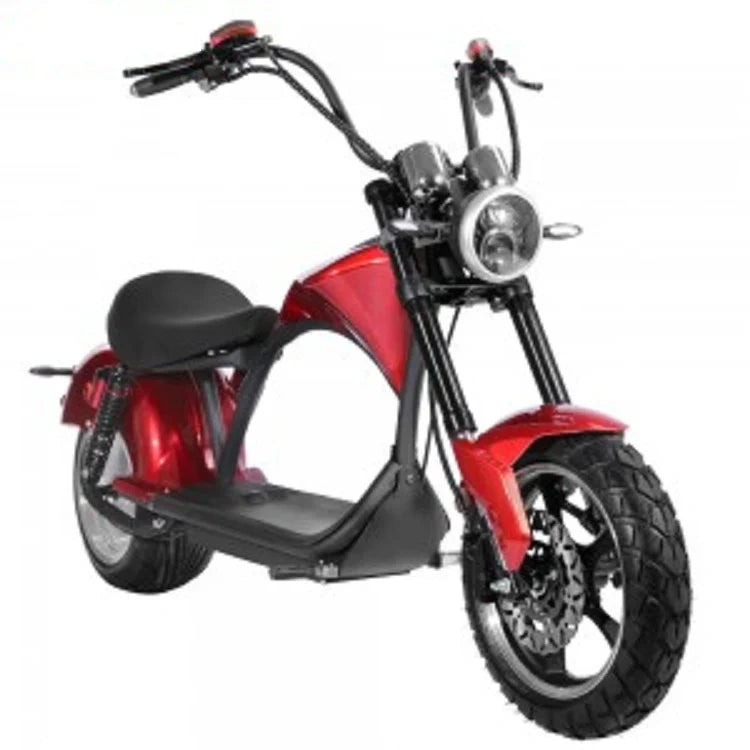 Red electric scooter with black seat on a white background