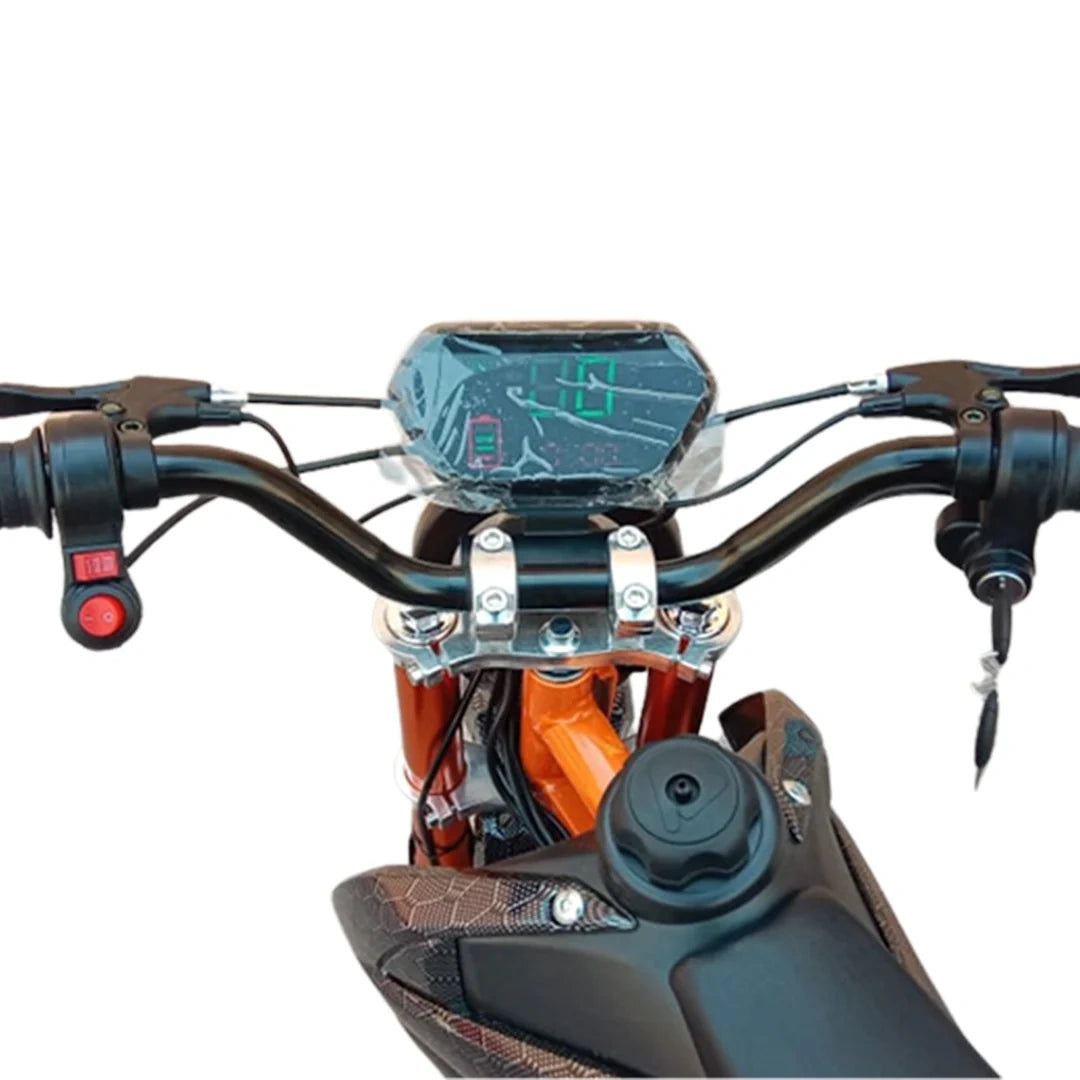 Close-up of a motorcycle handlebar with digital display and controls on a white background