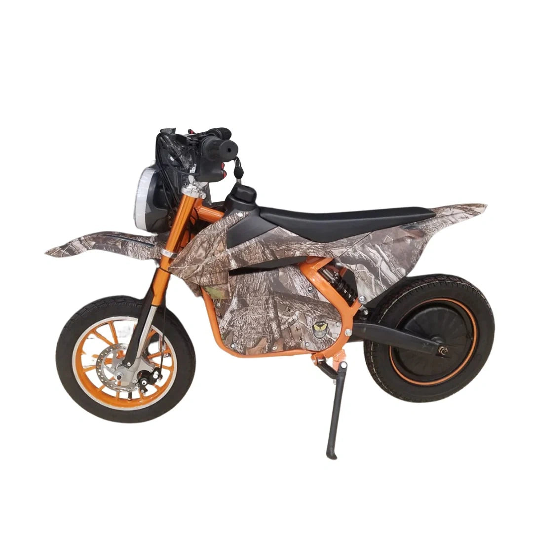 Small off-road vehicle with camouflage and orange design on a white background